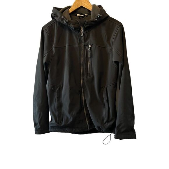 ATHLETIC WORKS Black Hooded Rain Fall Fleece Lined Zip Up Jacket Coat S - Picture 1 of 8